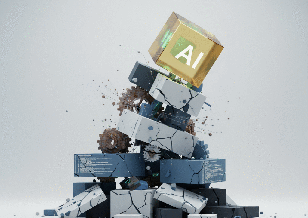 Tower of building blocks with AI falling off