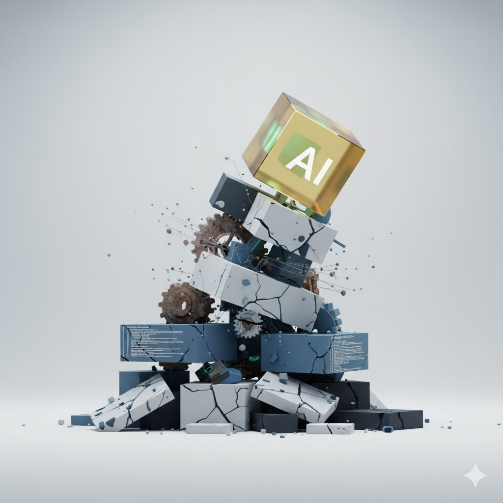 Tower of building blocks with AI falling off